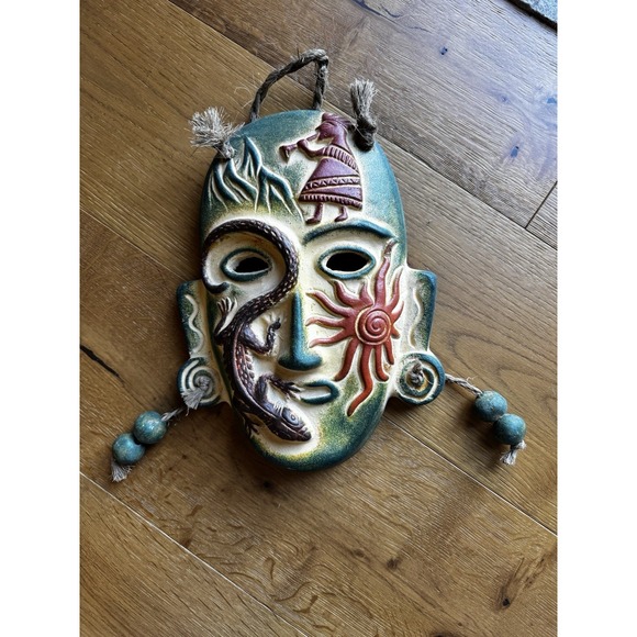 Vintage Mexican Folk Art Clay Wall Mask Sun Lizard Jute Beads Guerrero/Tonala - Picture 1 of 13